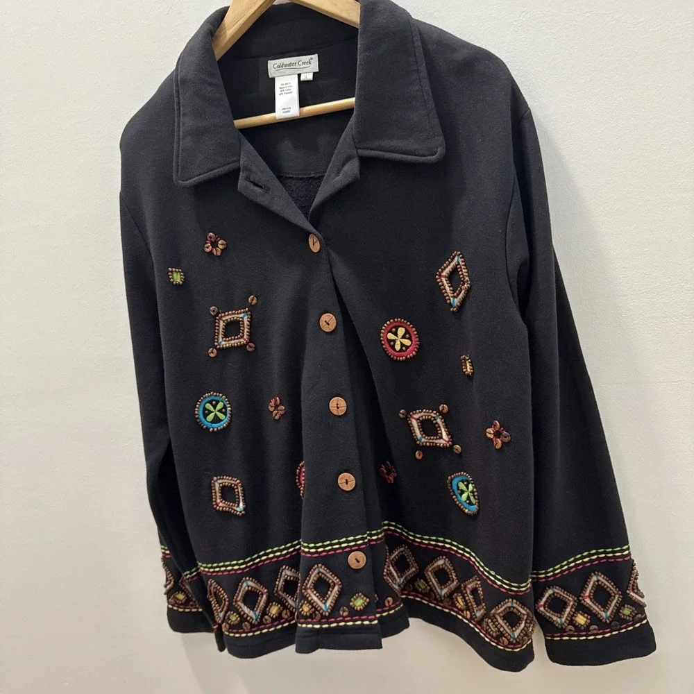 Coldwater Creek Cardigan Sweater size Large Beaded Black Jacket Art to Wear - Picture 4 of 9